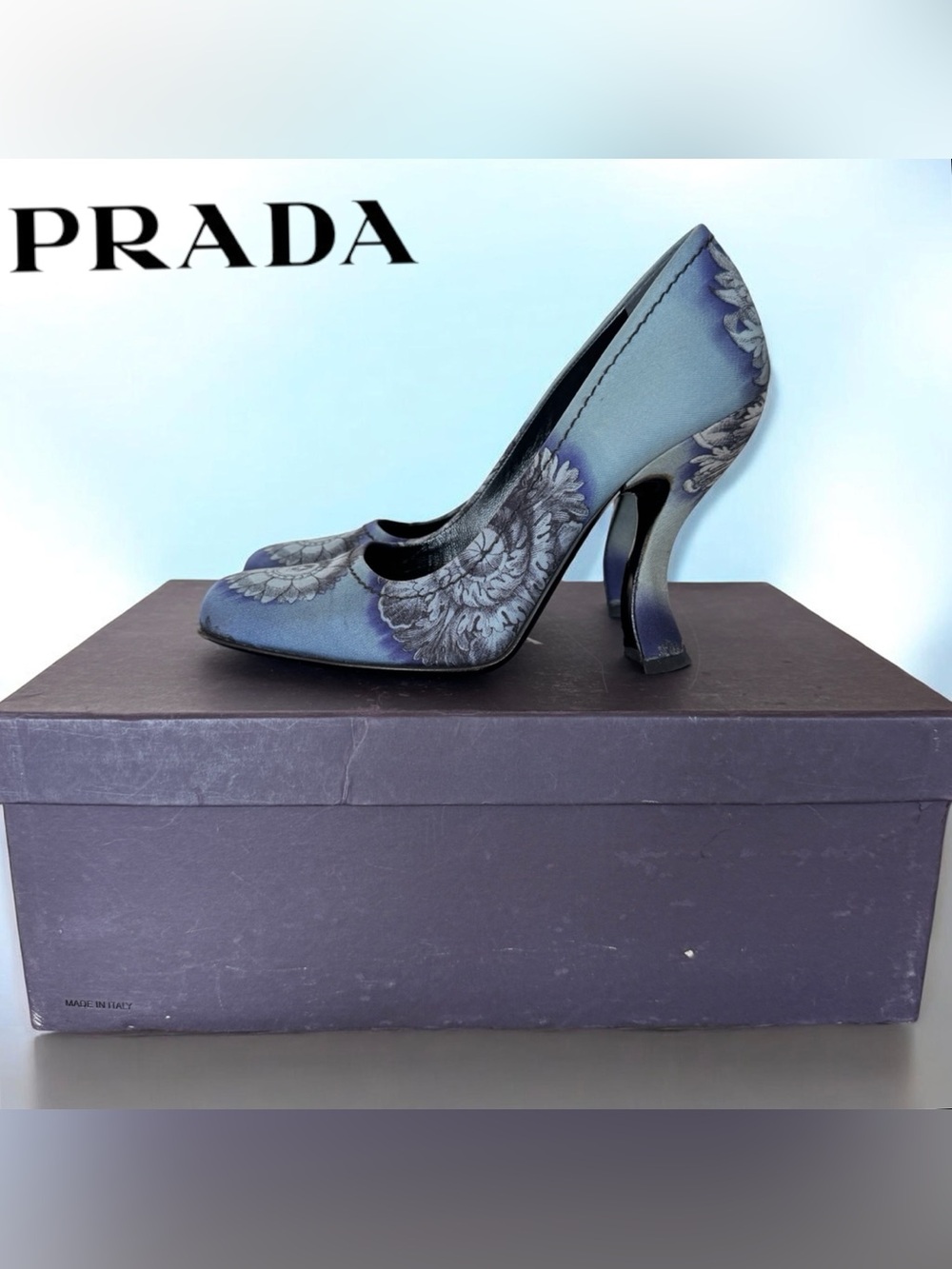 Prada CALZATURE DONNA Twill Rosoni Blue Floral Sculpted Curve Heel Vintage Pumps